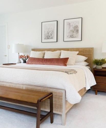 Laura Hodges styled room with cream and brown tones on a Stearns and Foster mattress